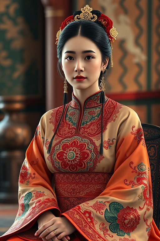 A beautiful Circassian woman in traditional East Asian attire, intricately detailed with embroidered patterns, sitting gracefully in a richly decorated room, soft ambient lighting, serene and elegant, ultra-realistic, 8K resolution