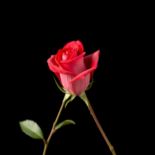 A single red rose with a long stem and green leaves on a solid black background, shot with a DSLR camera at f/2.8 aperture, 50mm lens, 1/125s shutter speed, in natural light, close-up view.