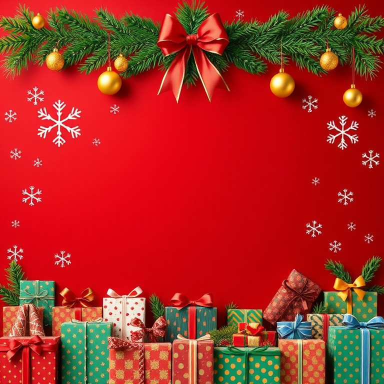 Create an image of a festive Christmas background featuring a rich red backdrop adorned with snowflakes and a decorative border of green pine branches. Include golden ornaments and a bow hanging from the branches. At the bottom, display an array of colorful Christmas presents wrapped in various patterns and ribbons, creating a warm holiday atmosphere.