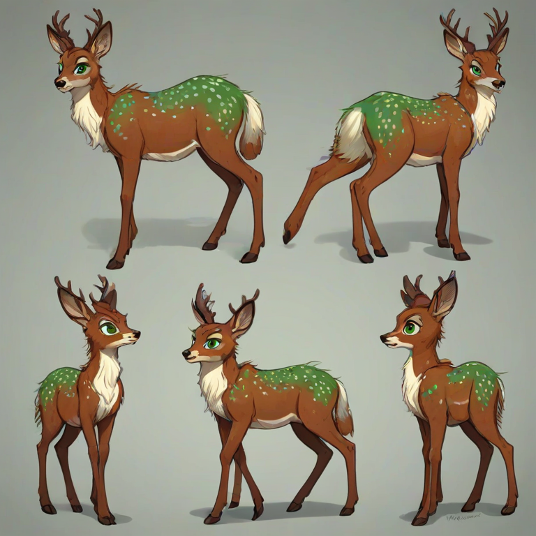 front view, side view, back view, multiple views, reference sheet, full body, source_furry, PennyCarson, deer, ebonytails, female, freckles, green eyes
