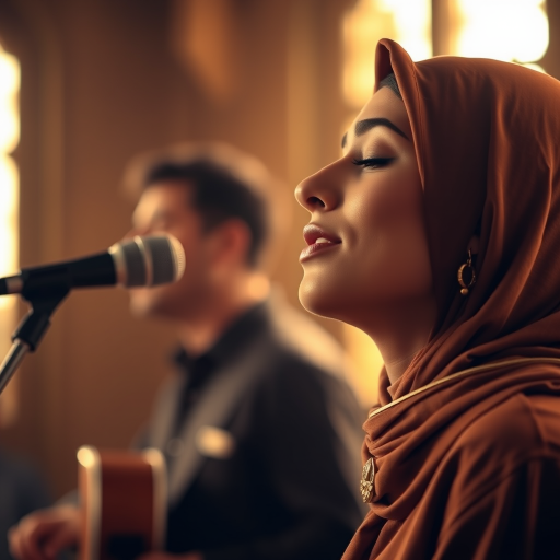 A close-up portrait of a mia khalifa with her eyes closed, singing into a microphone, positioned on the right side of the frame, facing the viewer. She is wearing a brown headscarf, gold earrings, and a brown blouse, and is bathed in warm, golden light emanating from the windows behind her. A blurred figure of a man singing into a microphone is visible in the background. The scene has a sense of calm and spirituality.