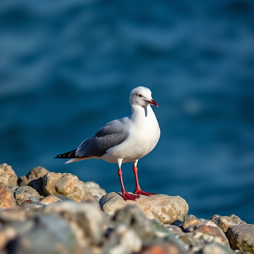 Seagull perched on a rocky shore with a blurred blue background, shot in natural light using a DSLR camera with a 50mm lens, aperture f/2.8, ISO 100, 1/2000 sec shutter speed, focus on the bird to enhance sharpness and detail.