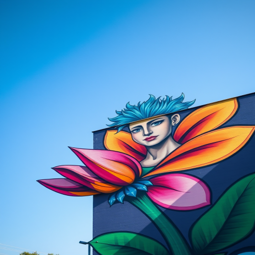 Create an image of a vibrant mural featuring two figures, one with blue spiky hair and a halo, surrounded by a colorful flower with swirling petals under a clear blue sky, captured with a DSLR camera at f/4, 1/250s shutter speed, ISO 200, in daylight, wide-angle lens, with sharp focus on the mural and a blurred background.