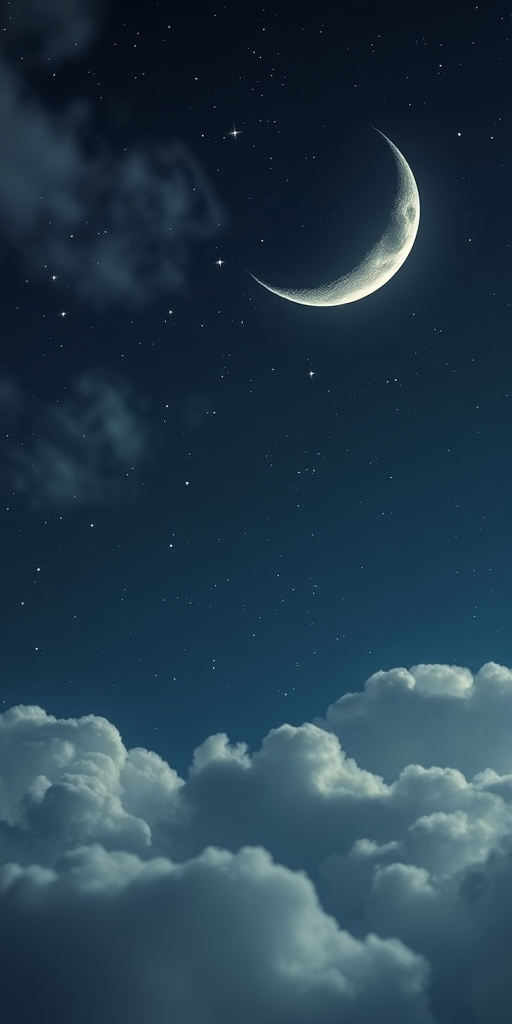 a dreamy night sky featuring a large crescent moon and scattered stars above soft, fluffy clouds, captured with a DSLR camera, 50mm lens, f/1.8, ISO 200, shutter speed 1/100s, soft focus style to enhance the ethereal quality of the image