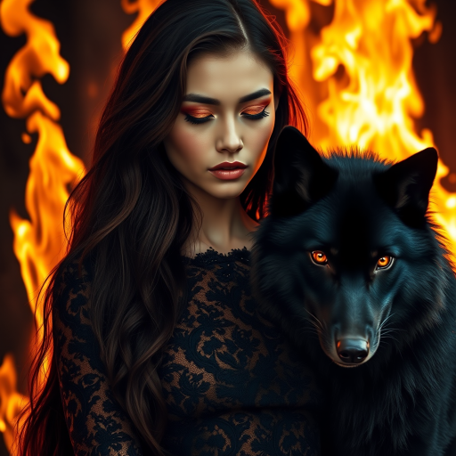 A woman with long dark hair, wearing a black lace dress that seamlessly blends into her skin with intricate floral patterns. She is in the foreground, with a black wolf beside her; its fur is midnight black, and it has glowing, intense, orange eyes that match hers. Her eyes are partially closed with burning embers above them, giving a fiery and mystical aura. The background is engulfed in tall, roaring flames, contributing to an overall dark and supernatural atmosphere. The colors are intense, predominantly black, fiery orange, and deep reds, with sharp contrast highlighting the mysterious and fierce theme. The flames are bright and dynamic, casting dramatic light and shadow, illuminating the woman and wolf while leaving parts in near darkness. The image evokes a sense of otherworldly power and connection between the woman and the wolf.