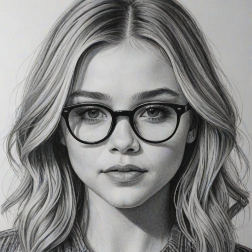 Fascinating Chloe Grace Moretz, pencil sketch, portrait of Splendid woman 1975s in glasses, hair style beatnik, outline, clear lines, fine lines, 8k
