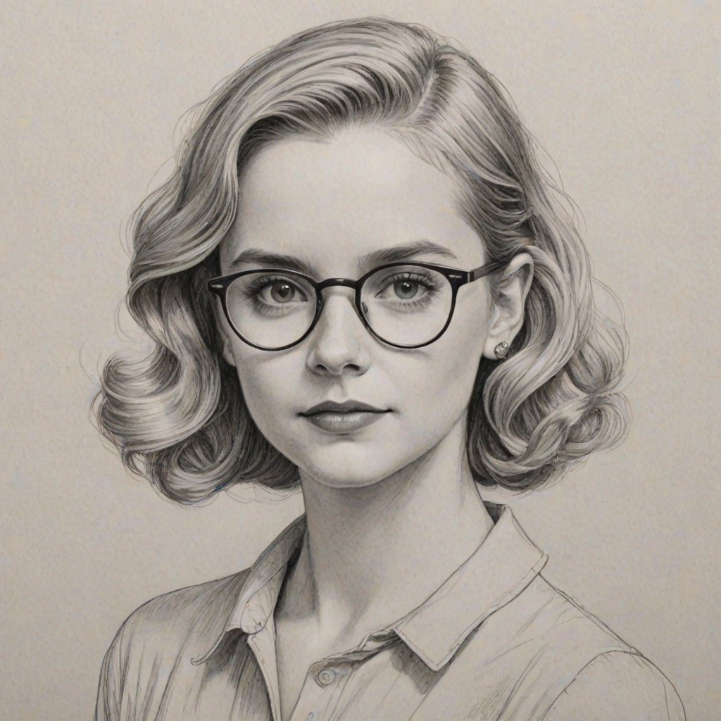 Dazzling McKenna Grace, pencil sketch, portrait of Splendid woman 1935s in glasses, hair style beatnik, outline, clear lines, fine lines, 8k