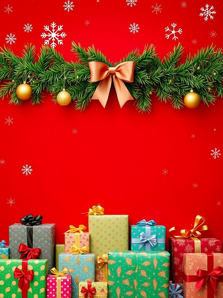 Create an image of a festive Christmas background featuring a rich red backdrop adorned with snowflakes and a decorative border of green pine branches. Include golden ornaments and a bow hanging from the branches. At the bottom, display an array of colorful Christmas presents wrapped in various patterns and ribbons, creating a warm holiday atmosphere.