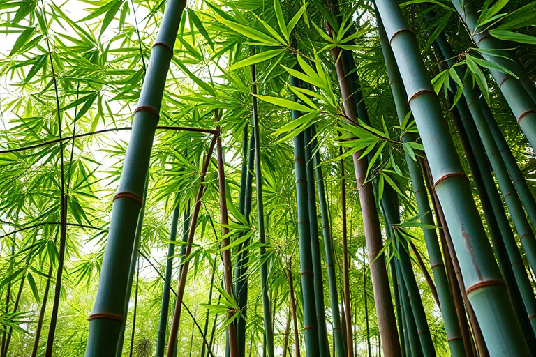 Generate a high-resolution image of bamboo plants with vibrant green leaves, 50mm lens, f/2.8 aperture, ISO 100, shot from a low angle in natural light using a DSLR camera.