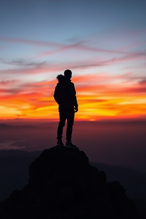 Create a high-resolution image of a silhouette of a person standing on a mountain peak at sunset, using a Canon EOS 5D Mark IV camera, with a 24-70mm f/2.8 lens, ISO 100, aperture f/8, shutter speed 1/200s, in a 16:9 aspect ratio, capturing vibrant colors and details in the sky.