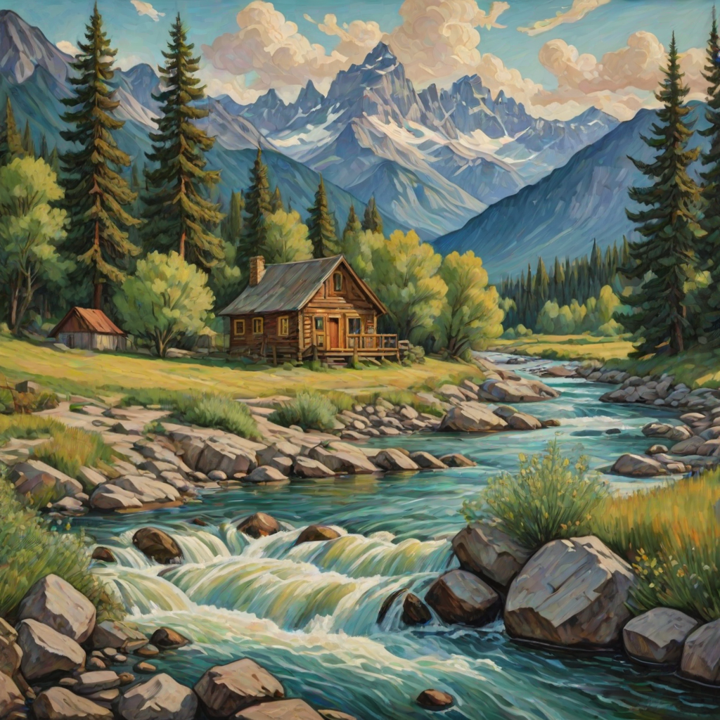 This Van Gogh-inspired painting depicts a peaceful scene of a small cabin located near a flowing river. The scene is surrounded by lush vegetation, including tall trees and rocky terrain. In the background, majestic mountains rise under a sky filled with rolling clouds. The river gently cascades over the rocks, adding a sense of movement and tranquility to the scene. The use of vibrant colors and detailed brushstrokes create a sense of depth and harmony in the natural setting.
