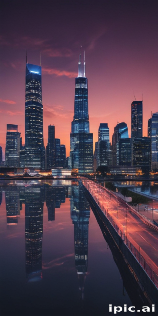 Stunning City Skyline Reflected in Water at Twilight During Sunset