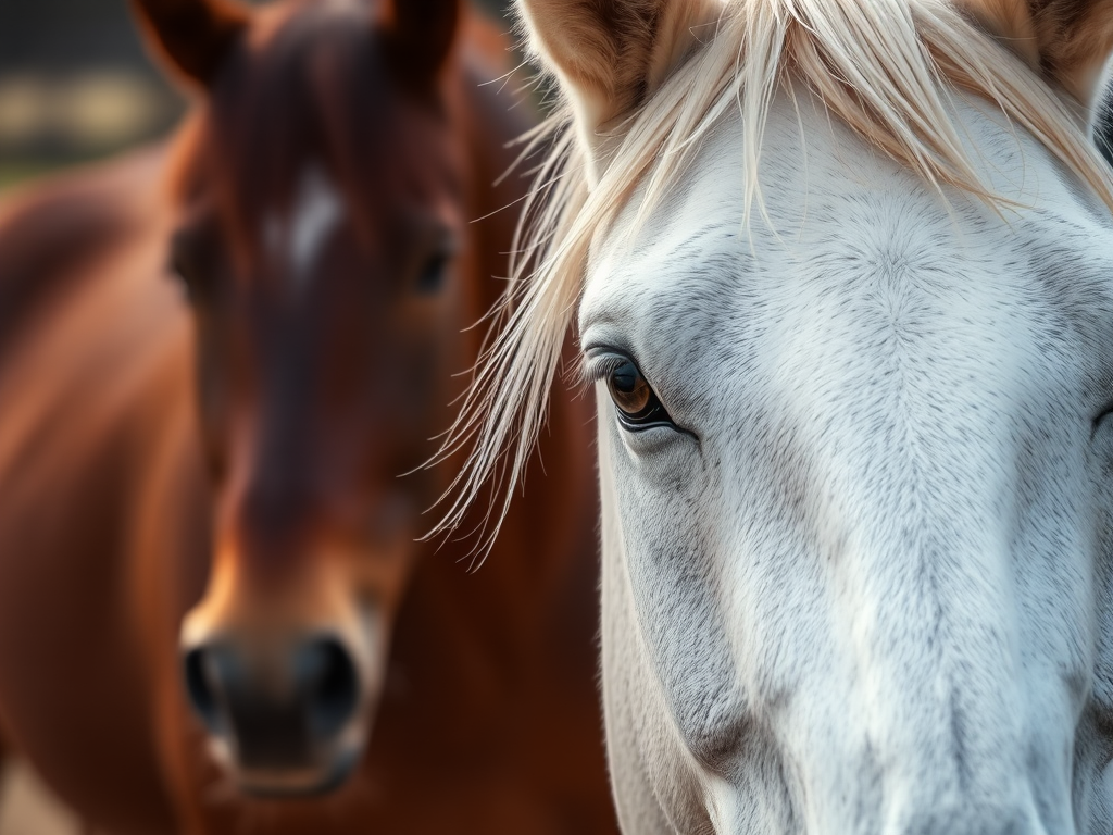 Capture a close-up of a white horse with a blurred brown horse in the background, using a Canon EOS R5, f/2.8 aperture, 85mm lens, ISO 100, natural lighting, focus on the horse's eyes for enhanced detail.