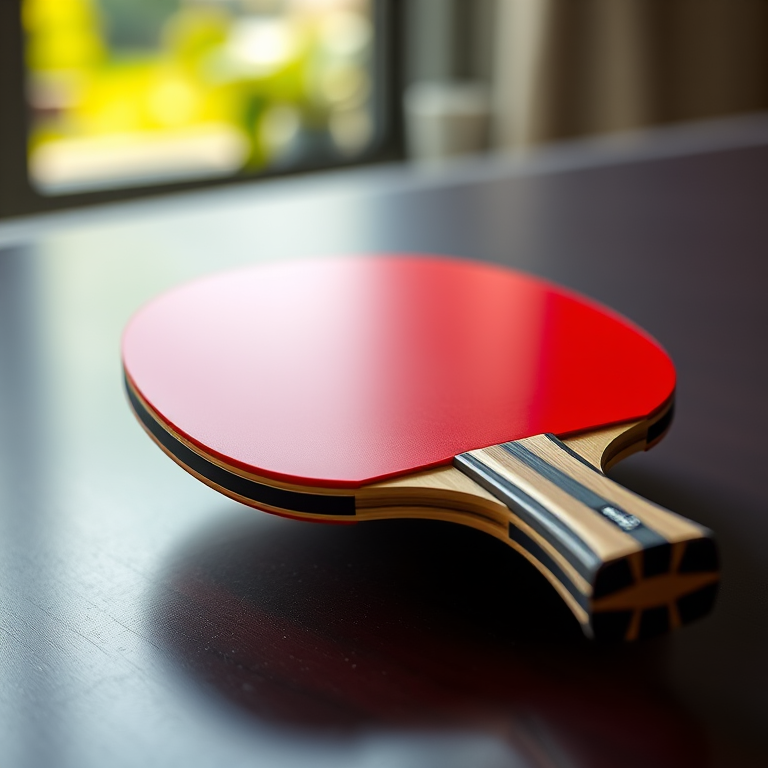 Generate a high-resolution image of a red table tennis paddle with a glossy finish, using a 50mm lens, aperture set to f/2.8, shutter speed of 1/100s, in soft natural lighting, shot from a slightly elevated angle to emphasize the paddle's texture and color.