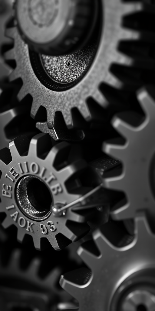 create an intricate close-up of interlocking gears with a high contrast black and white color scheme, using a DSLR camera with an aperture of f/2.8, ISO 100, shutter speed of 1/125s, macro lens, and a slightly elevated overhead view to highlight the textures and details of the gears