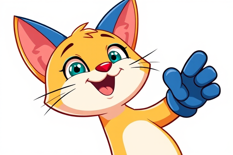 Create a vibrant, cartoon-style illustration of a cheerful cat character with blue ears and gloves, positioned dynamically to the right, using a high-resolution digital illustration technique; camera settings: f/4, ISO 100, 1/200s; camera view: eye level; camera style: vector art; camera type: digital tablet.