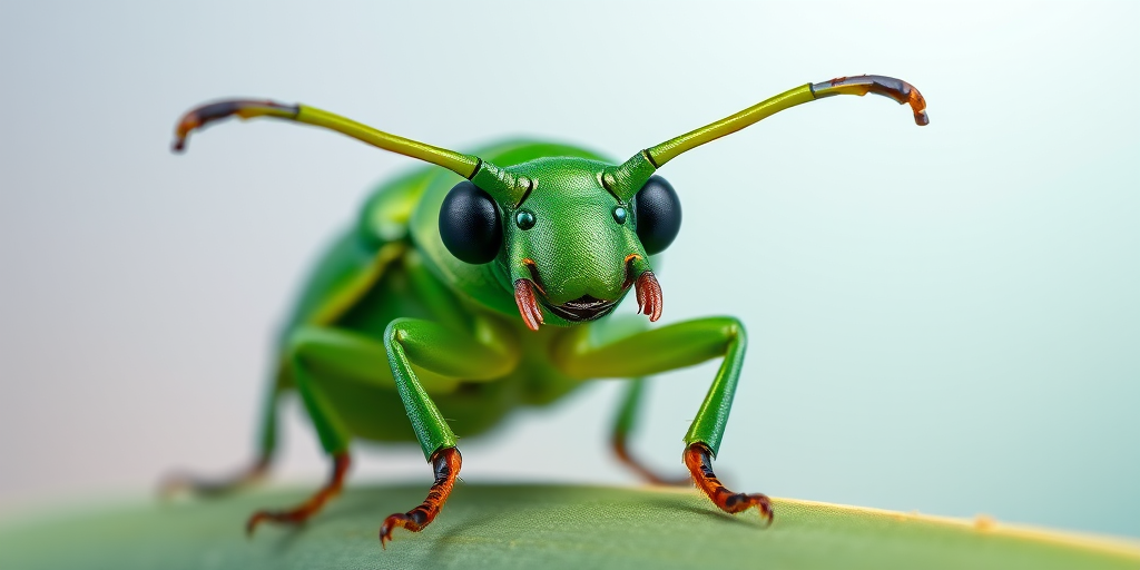 Create a vibrant cartoon-style image of a green beetle with large antennae and smooth curves, captured with a macro lens at f/4, ISO 100, 1/200s shutter speed, positioned at eye level with a soft gradient background for enhanced focus on the beetle.