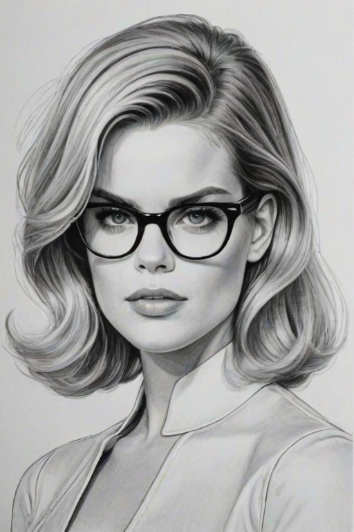 Elegant Alice Eve, pencil sketch, portrait of Beauteous woman 1965s in glasses, hair style beatnik, outline, clear lines, fine lines, 8k