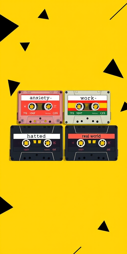 Create a vibrant digital illustration of four cassette tapes labeled "anxiety," "work," "hatred," and "real world" against a bold yellow background with black geometric shapes, captured in a high-resolution format using a DSLR camera with a 50mm lens at f/1.8, 1/200 sec shutter speed, ISO 100, with a shallow depth of field to enhance detail and focus on the tapes.