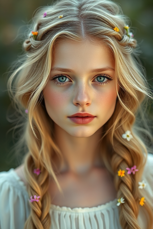 Create an image of a young woman with long, wavy blonde hair, adorned with small, colorful flowers woven into her braids and loose strands. Her complexion is fair, with soft, glowing skin, and she has light blue eyes that gaze softly at the viewer. She wears a light, flowing dress with a gentle, ethereal quality, complementing her delicate and serene appearance. The background is slightly blurred, drawing focus to her tranquil expression and the intricate details of the flowers in her hair. The overall mood of the image is one of natural beauty and grace, evoking a sense of peacefulness and connection with nature.