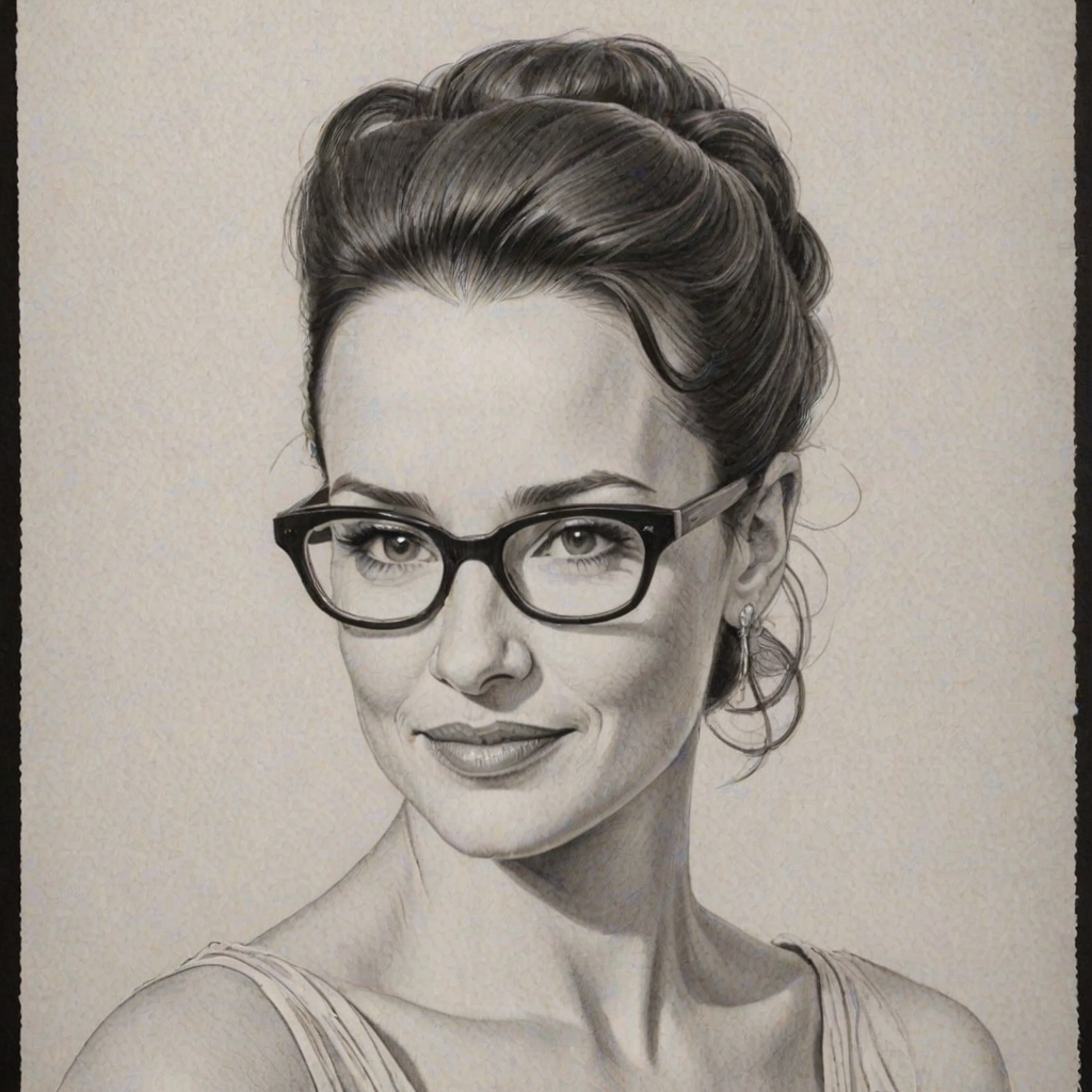 Charming Kristin Davis, pencil sketch, portrait of Wonderful woman 1956s in glasses, hair style beatnik, outline, clear lines, fine lines, 8k