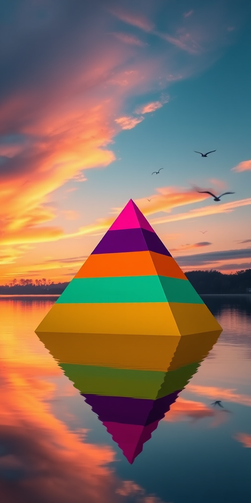 Generate an image of a pyramid structure with four layers, each layer a different color, set against a serene lake during sunset with a colorful sky and flying birds in the background, captured with a DSLR camera at f/5.6 aperture, ISO 100, 24mm focal length, and a wide-angle lens for enhanced depth and clarity.