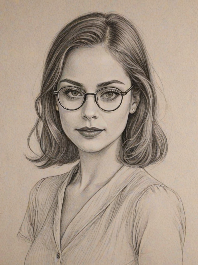 Bewitching Willa Holland, pencil sketch, portrait of Graceful woman 1938s in glasses, hair style beatnik, outline, clear lines, fine lines, 8k