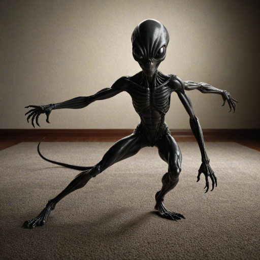 A funny Alien in a stretching position on a textured carpet, with its black, glossy body reflecting dim light. Legs spread wide, upper body bent forward, long segmented tail curving over its back, arching above its head. Face directed at the viewer, showing biomechanical features, sharp teeth, elongated skull. Muscles taut, emphasizing strength in the stretch. Minimalist environment, focusing on the creature's athletic pose. Photorealistic quality.