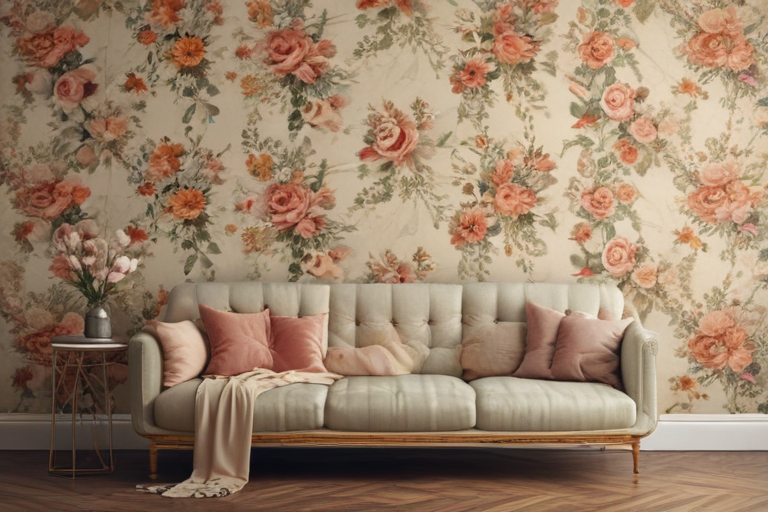 Elegant Living Room with Floral Wallpaper and Cozy Sofa Arrangement