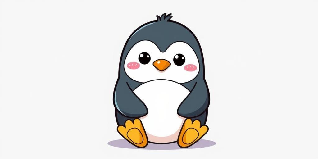 Create a cute cartoon penguin character with a round body, large expressive eyes, and small blush marks on its cheeks. The penguin should have a gray body with a white belly and yellow feet, sitting in a playful pose with its flippers raised slightly as if hugging itself. The overall style should be simple and adorable, appealing to a younger audience.