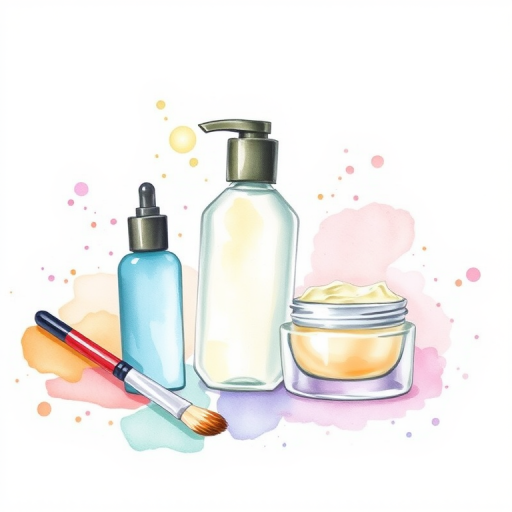 Create a watercolor illustration of makeup products including a lotion bottle, brushes, and a cream jar on a soft pastel background with splashes of color; use a DSLR camera with a 50mm lens at f/2.8, ISO 200, and a shallow depth of field for a soft focus effect.