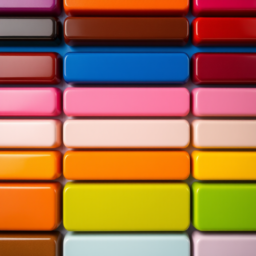 Create a high-resolution image of various glossy horizontal buttons in multiple colors arranged in a grid pattern, using a Canon EOS R5 with an aperture of f/8, ISO 100, and a focal length of 50mm, shot from a top-down view with soft diffused lighting to enhance reflections and color vibrancy.