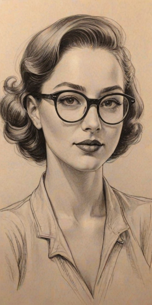 Wonderful Jessica Marie Garcia, pencil sketch, portrait of Magnificent woman 1934s in glasses, hair style beatnik, outline, clear lines, fine lines, 8k