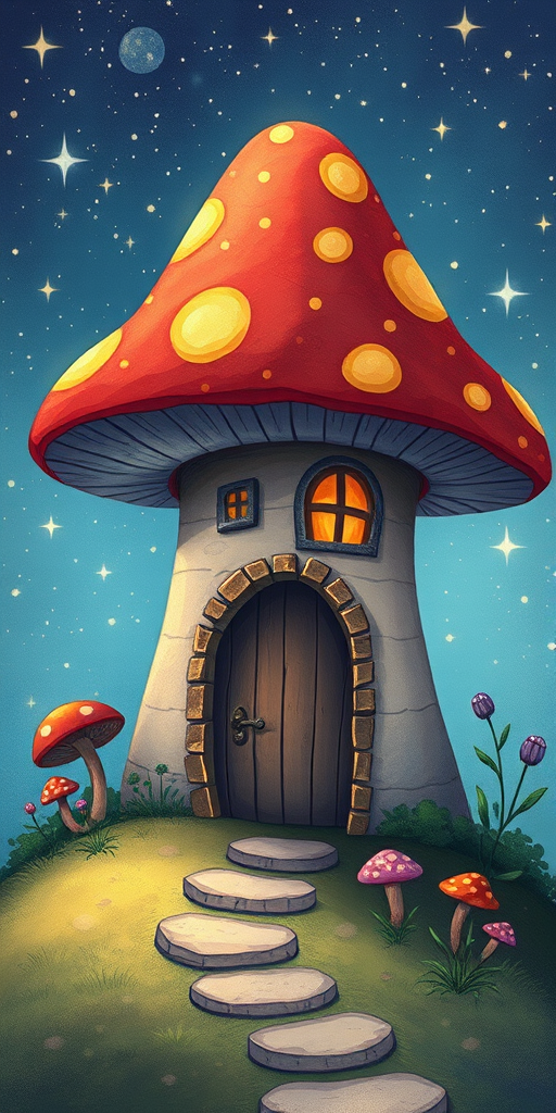 generate illustration of a mushroom house with a door and a window, a storybook , fantasy art, mushroom house, bg starry sky, sparkles