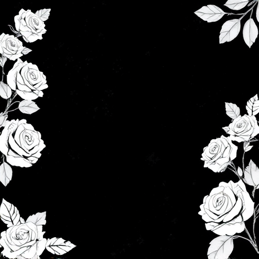 Create a floral design with outlined white roses and leaves in the corners on a textured black background, using a DSLR camera with a 50mm lens at f/2.8, ISO 100, and a shallow depth of field, capturing a close-up view to enhance the details and contrast.