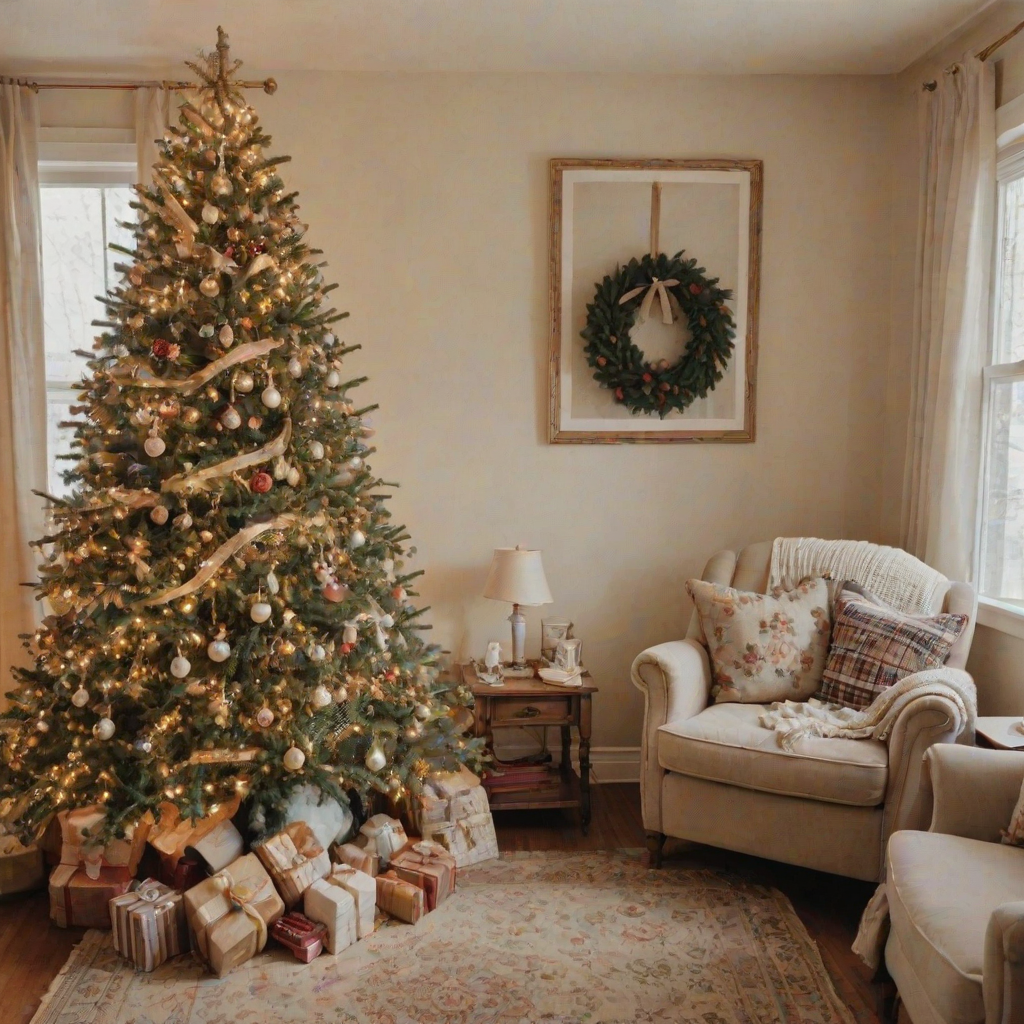 a vintage christmas tree in a cozy room