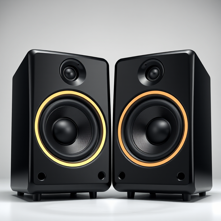 Create a high-resolution image of a pair of sleek black speakers with gold trim positioned in a dynamic angle, using a DSLR camera with a 50mm lens, aperture set to f/1.8, ISO 100, and a softbox lighting setup for even illumination.