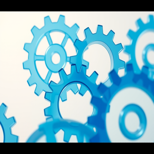 Create an illustration of transparent blue gears overlapping on a light background, using a Canon EOS R5 camera with a 50mm lens, aperture set to f/8, ISO 100, and a shallow depth of field to highlight the gears' details and reflections.