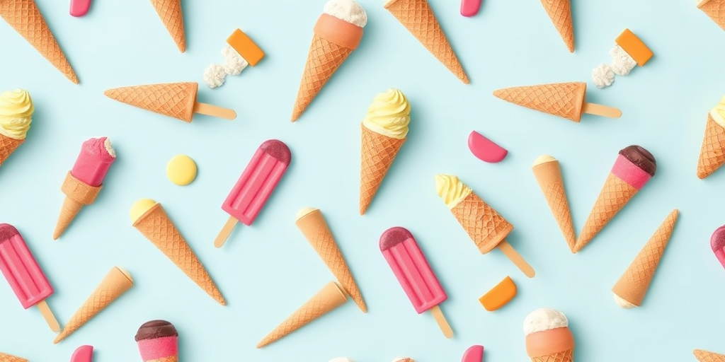 Create a seamless pattern of ice cream cones and popsicles on a light blue background with a 50mm lens, f/8 aperture, ISO 100, top-down view, digital illustration style, high-resolution.