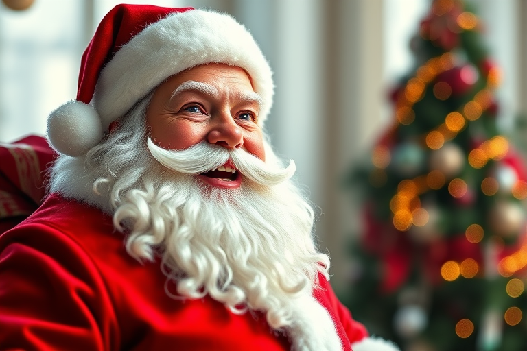 Create a high-resolution digital illustration of a Santa Claus character with a joyful expression, using a 50mm lens at f/1.8 for a shallow depth of field, in a bright, well-lit environment, captured with a digital DSLR camera to enhance clarity and color vibrancy.
