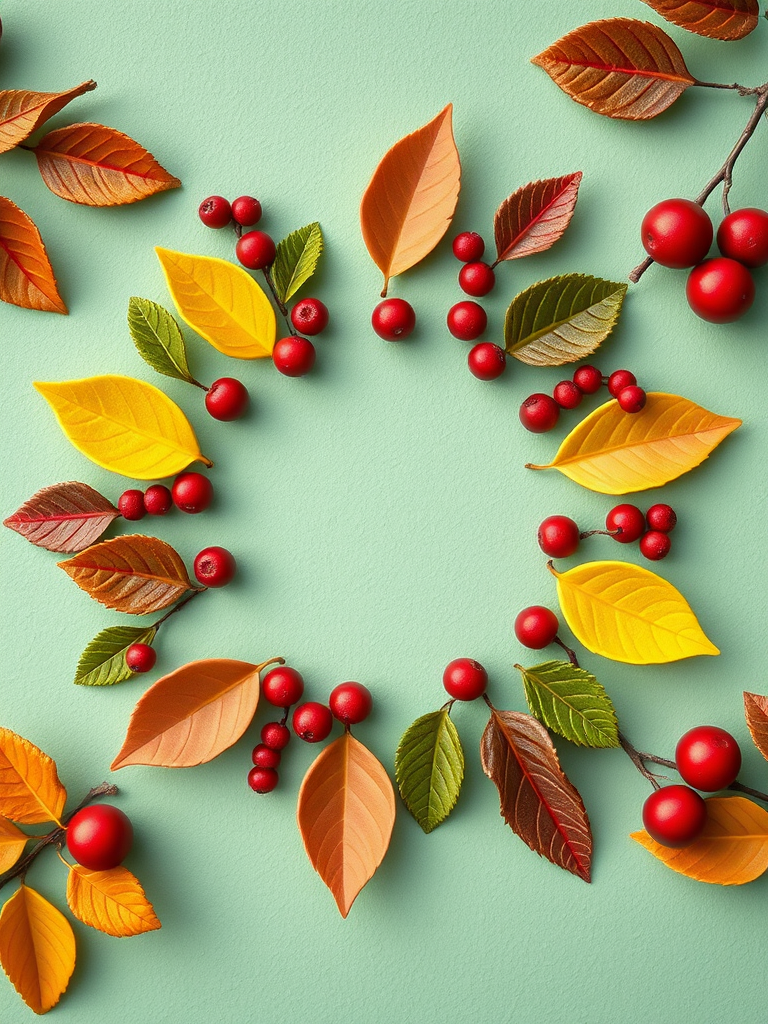 Create a vibrant circular pattern featuring stylized leaves and berries on a textured mint green background, captured with a Canon EOS R5, 50mm lens, f/2.8 aperture, ISO 100, in natural light, using a macro photography style for enhanced detail and clarity.