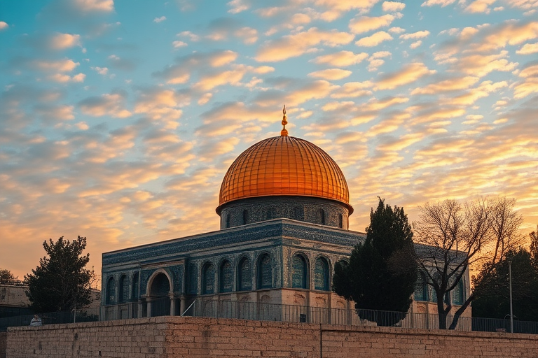 Capture an image of the Dome of the Rock in Jerusalem during golden hour, with a low angle view, f/11 aperture, ISO 100, 1/200 sec shutter speed, using a DSLR camera with a wide-angle lens to enhance depth and detail, ensuring vibrant colors and dramatic cloud patterns in the sky.