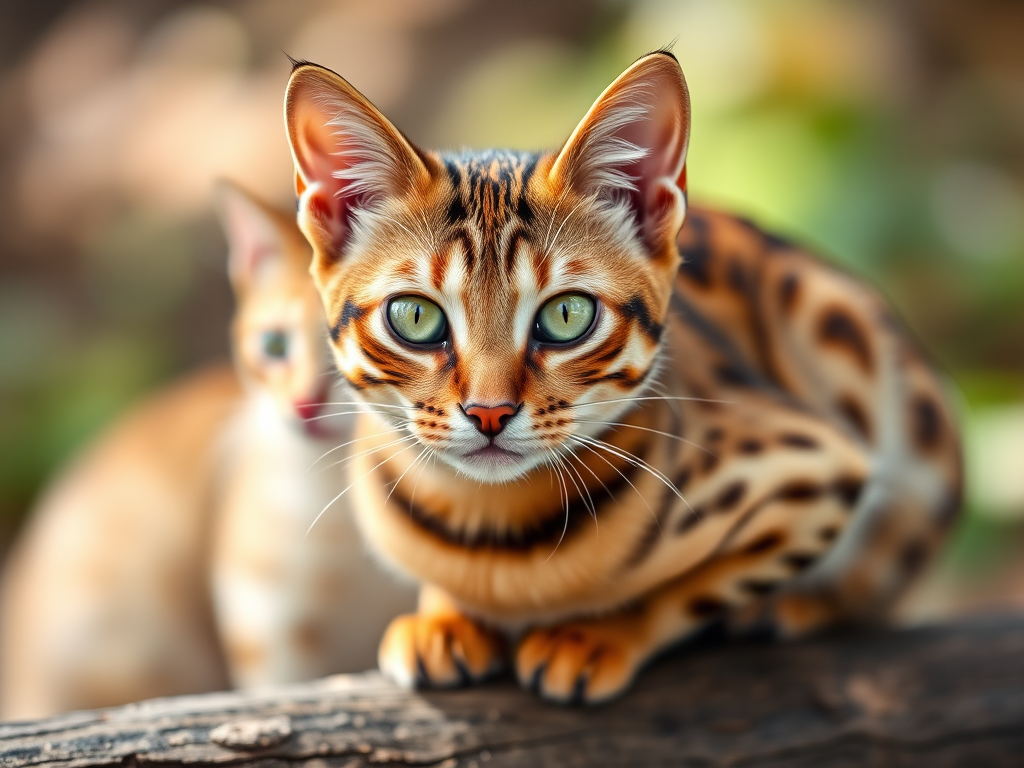 close-up of a Bengal cat with striking green eyes sitting on a log, shallow depth of field, natural light, aperture f/2.8, ISO 200, 50mm lens, DSLR camera, portrait orientation, soft bokeh background with blurred cats.