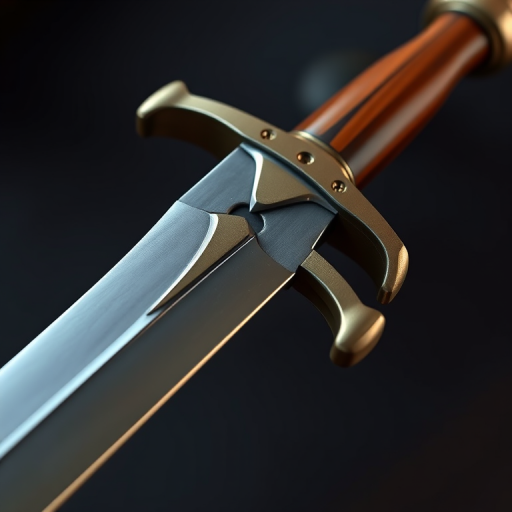 Create a highly detailed illustration of a sword with a polished metallic blade and a wooden hilt, shot with a DSLR camera at f/8 aperture, ISO 100, 50mm lens, and a shallow depth of field.
