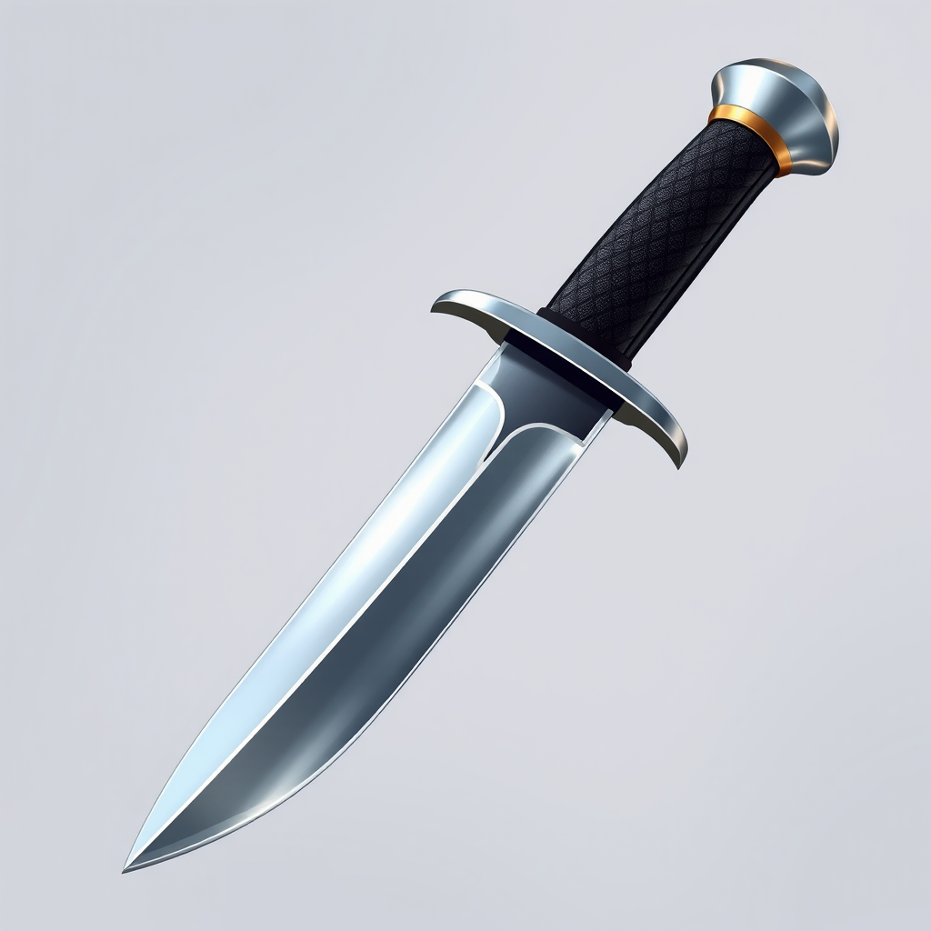 Illustration of a dagger with a shiny metallic blade and a textured black handle, shot in high resolution with a DSLR camera, aperture f/2.8, ISO 100, 50mm lens, focused on the dagger with a blurred background for depth, soft lighting to enhance reflections on the blade.