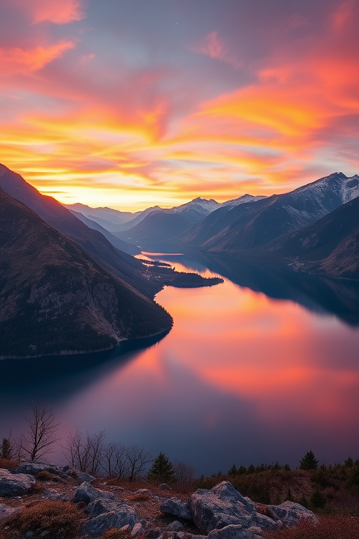 Generate an image of a serene landscape featuring a tranquil lake surrounded by mountains at sunrise with vibrant colors in the sky, using a DSLR camera with a 50mm lens, aperture f/1.8, ISO 100, 1/200 sec shutter speed, shot from eye level for a natural perspective.
