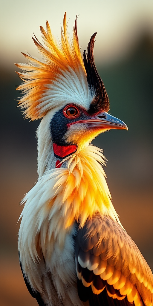 Create an ultra-realistic image of a secretary bird with intricate feather details and vibrant colors, captured in a golden hour setting, using a DSLR camera with a 50mm lens, aperture f/1.8, ISO 100, and a shallow depth of field to enhance the background blur.