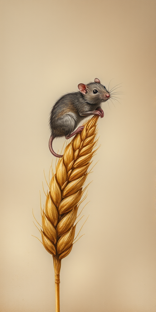 Soft, muted Alcohol Ink with ebru effect background image of tiny whimsical rat, who climbed high on the top of a golden rye ear.