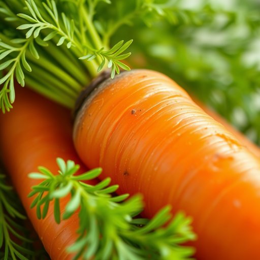 Create a vibrant and detailed illustration of a fresh carrot with lush green leaves, captured in close-up view, with a shallow depth of field, using a DSLR camera with a 50mm lens, aperture set to f/2.8, ISO 100, and soft natural lighting for enhanced color and texture.