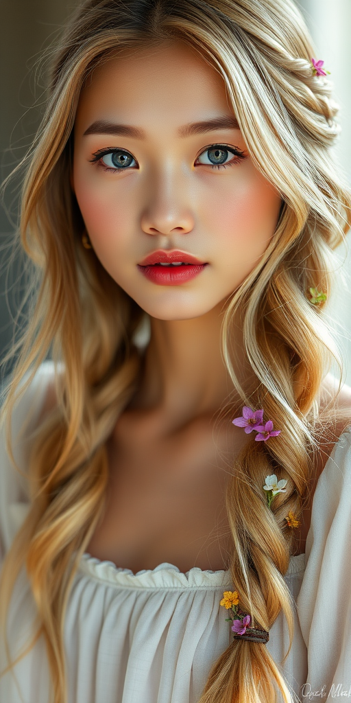 Create an image of a young Thai woman with long, wavy blonde hair, adorned with small, colorful flowers woven into her braids and loose strands. Her complexion is fair, with soft, glowing skin, and she has light blue eyes that gaze softly at the viewer. She wears a light, flowing dress with a gentle, ethereal quality, complementing her delicate and serene appearance. The background is slightly blurred, drawing focus to her tranquil expression and the intricate details of the flowers in her hair. The overall mood of the image is one of natural beauty and grace, evoking a sense of peacefulness and connection with nature.